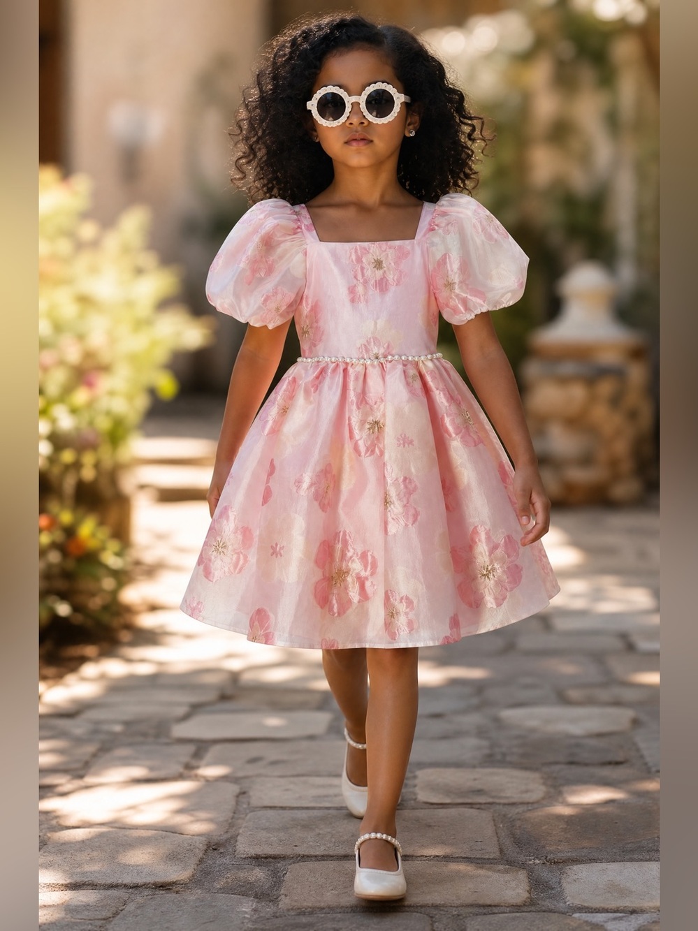 Badgley Mischka Pink and Gold Floral Puff Sleeve Formal Dress for Girls